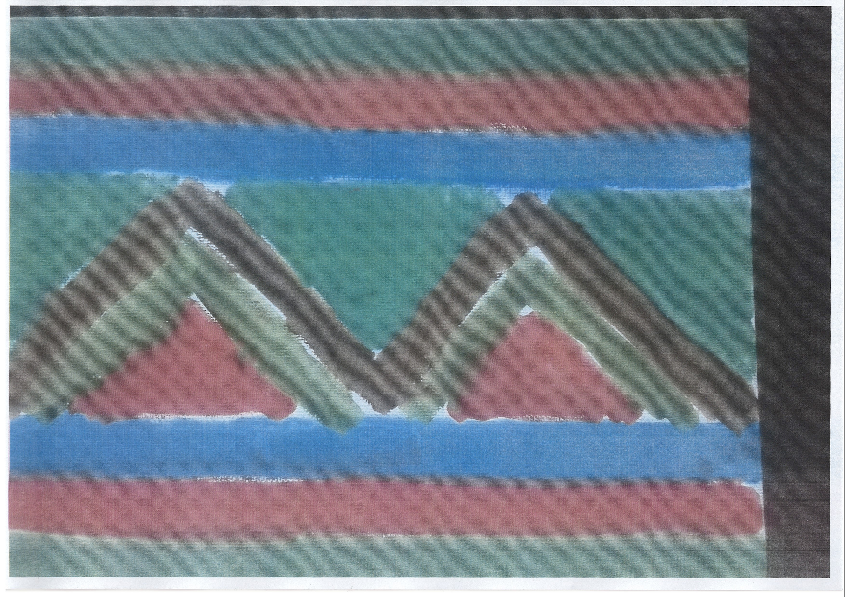 Obraz malowany farbami przedstawiający abstrakcyjne kształty w formie pasów i trójkątów. Praca w kolorach czarnym, odcieniach niebieskiego, czerwonego i zielonego. 