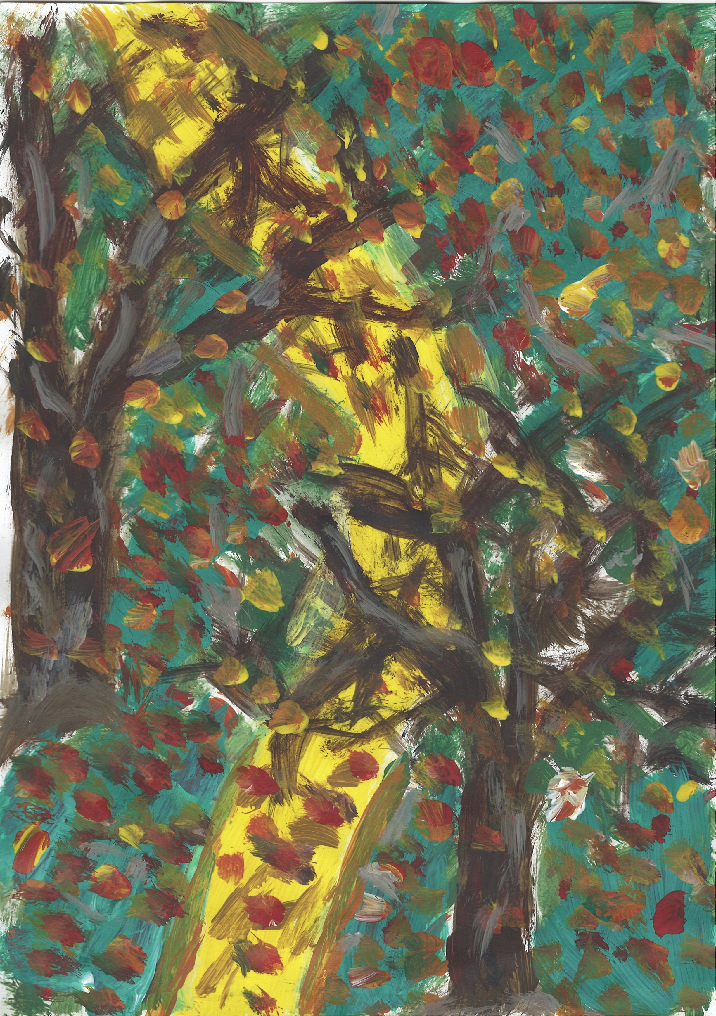 Praca plastyczna wykonana farbami za pomocą barwnych plam przedstawia abstrakcyjne wyobrażenie jesiennych drzew z opadającymi liśćmi. 