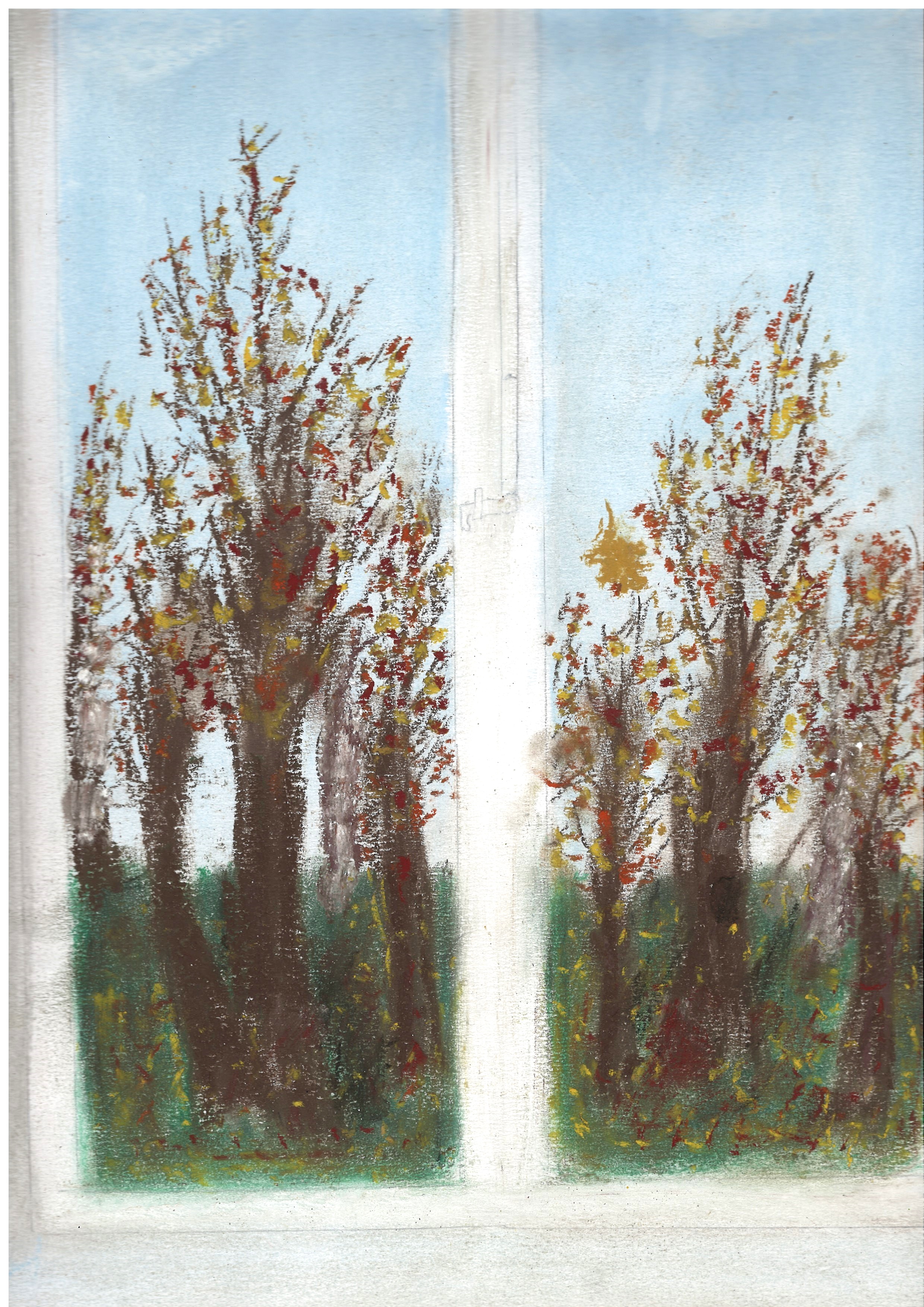 Rysunek wykonany pastelami przedstawiający widok z okna na osiem jesiennych drzew, częściowo pozbawionych liści. Liście pozostałe na drzewach są w odcieniach żółtego, pomarańczowego i czerwonego. 