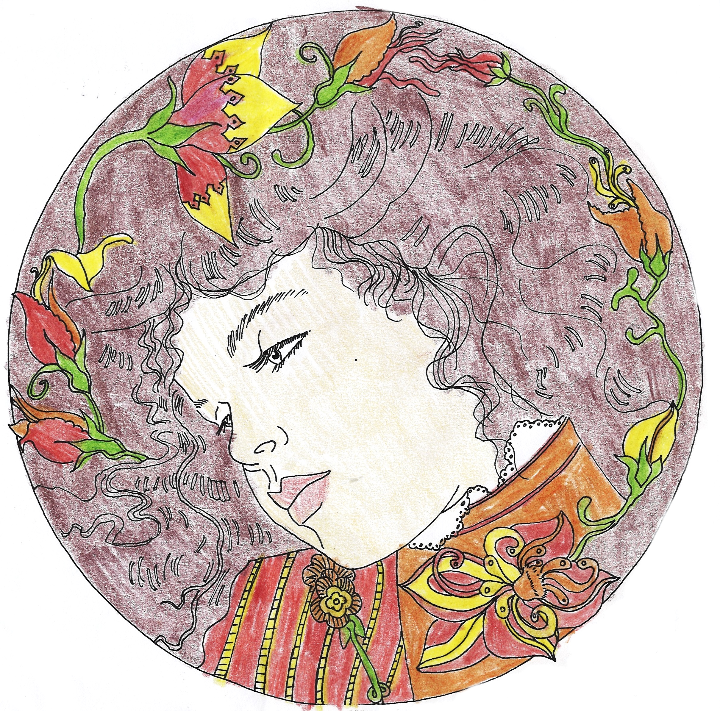 Obrazek w formie kolorowanki o okrągłym kształcie. W okrąg wpisana twarz kobiety odwrócona profilem w otoczeniu kwiatów. Całość rysunku utrzymana w barwach czerwieni, żółci i fioletu.  